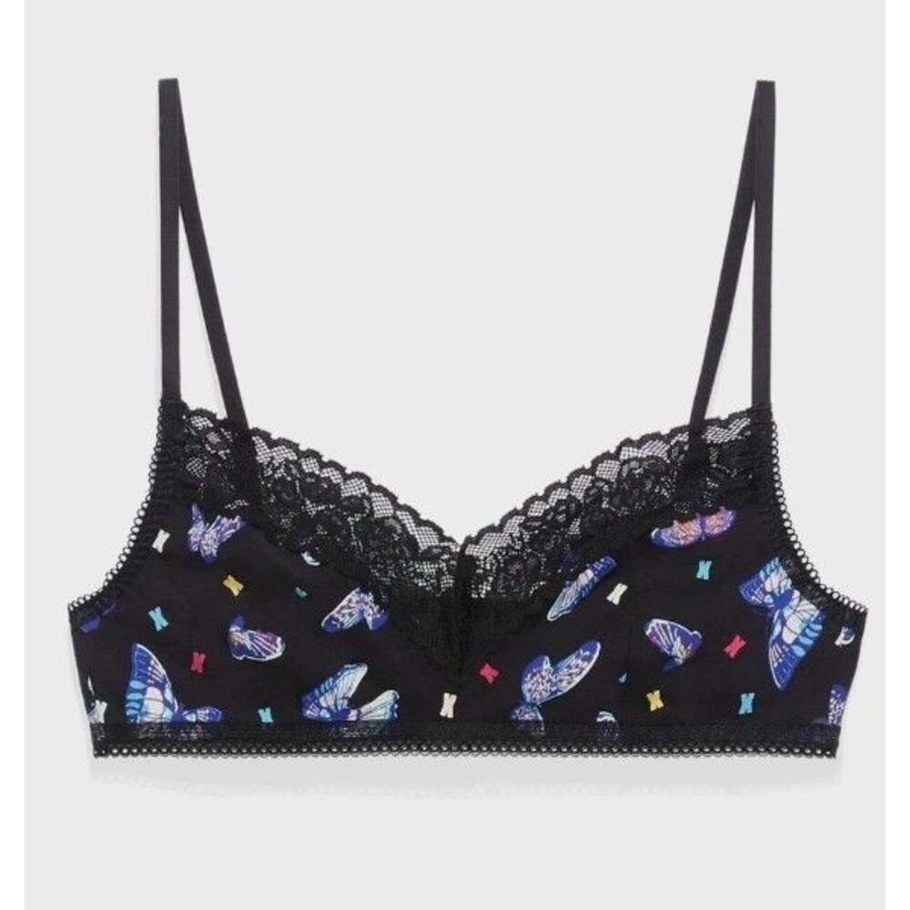 Savage X Fenty Women Bralette S Black Cotton Lace Trim Adjustable Strap Soft Bra